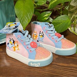 NWT-Lil’ Girls' 7 Bluey High-Top Glitter Sneakers W/Elastic Laces & Back Zipper